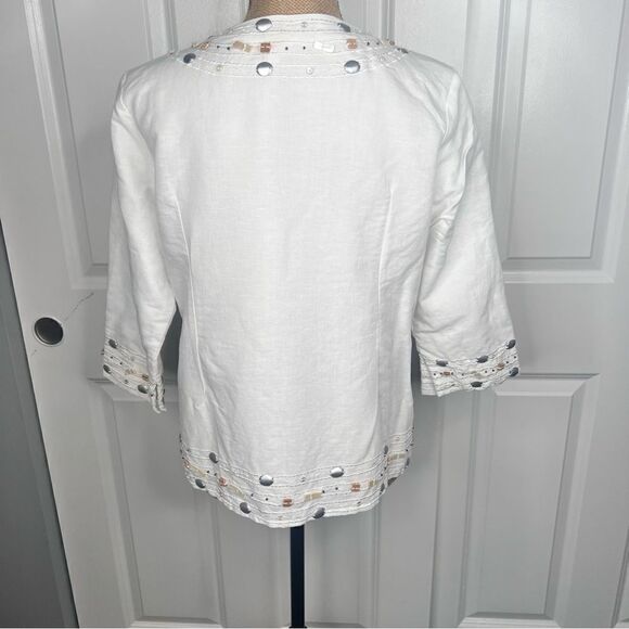 Sz M Gretchen Scott Linen Blend White Shell& Rock Embellished 3/4 Sleeve Blouse - Picture 6 of 16